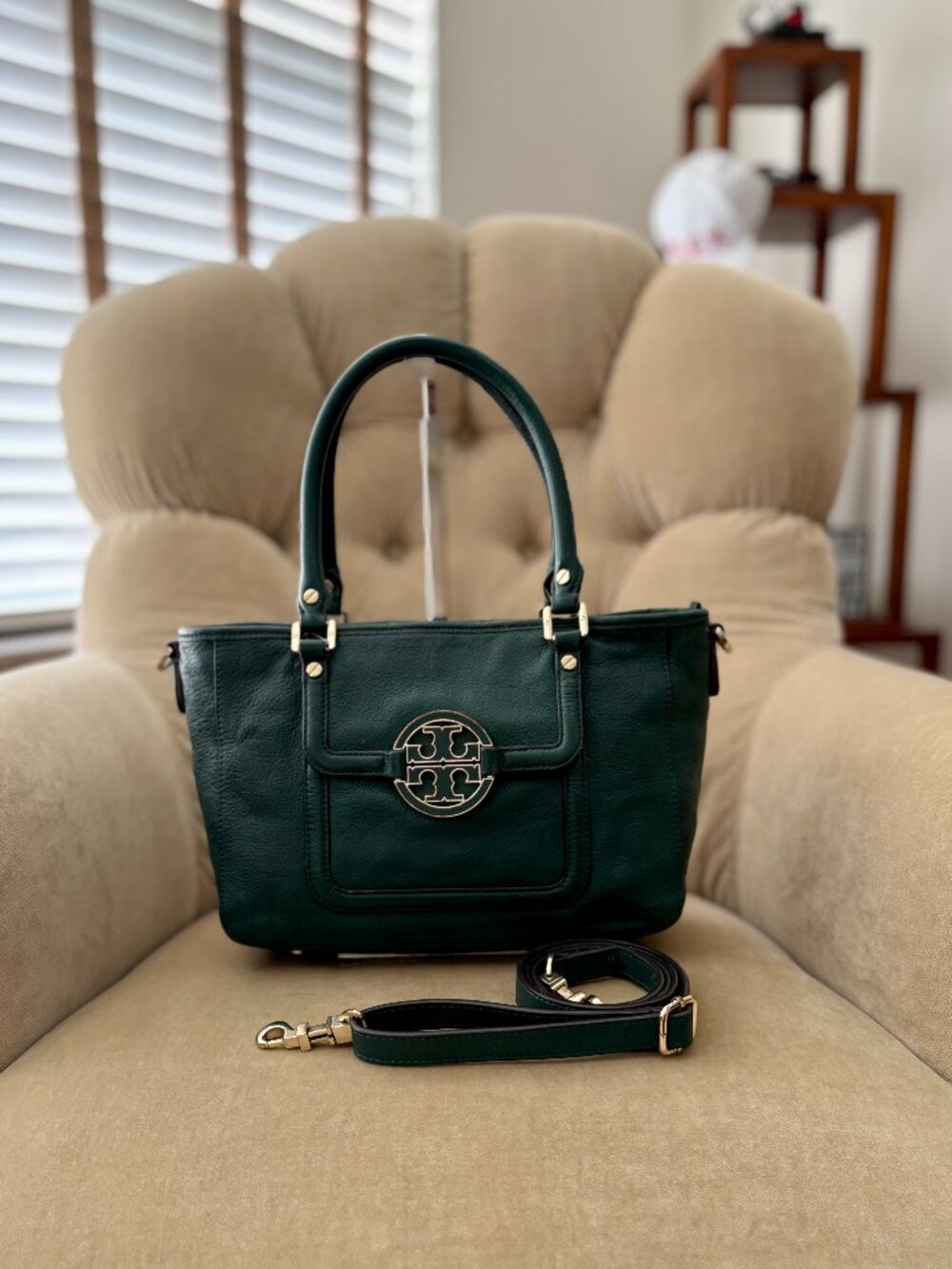 Auth. TORY BURCH Iconic Amanda Pebbled Leather Satchel Shoulder Bag